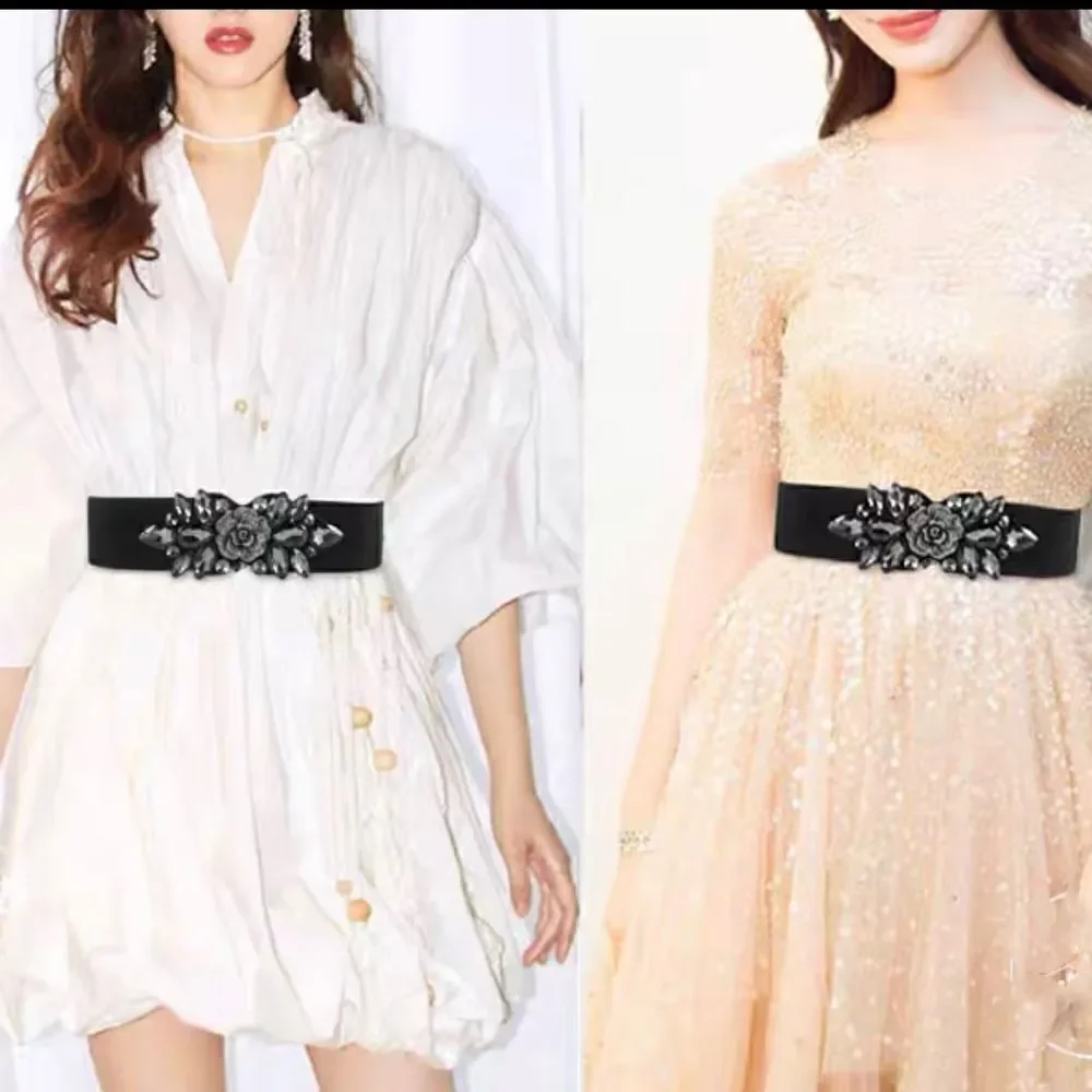 New Women’s Crystal & Beaded 3D Rose Stretch Elastic Belt